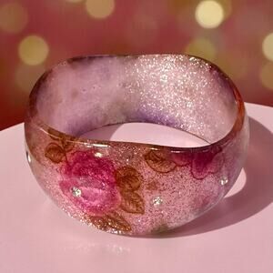 Vintage Pink Floral Lucite Bangle Womens Round Sparkle Rhinestone Bracelet